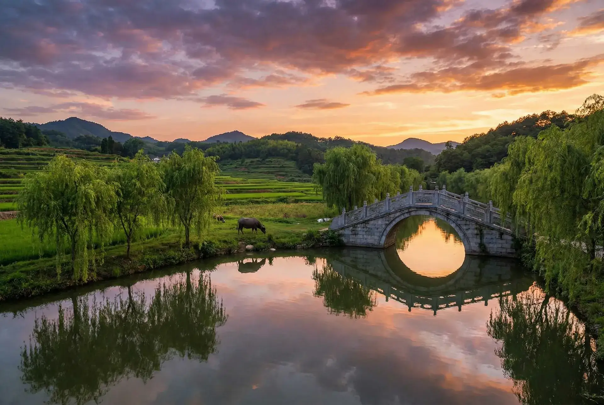 夕阳下的石拱桥与垂柳，水牛在河边吃草 - 女人被绑架 乡村美景